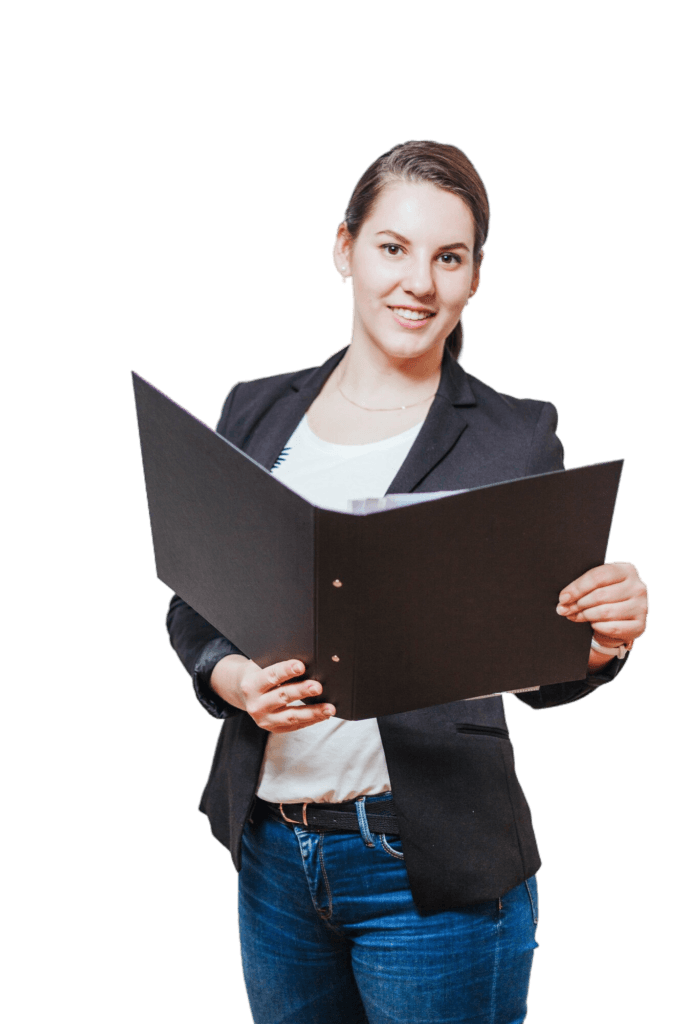 Sonriente Mujer Pie Carpeta